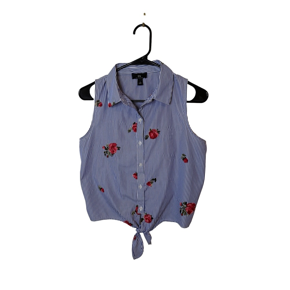IN San Francisco Womens Blue White Striped Rose Embroidered Tie Front Crop Top S